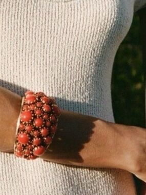 Zara Red Orange Stone Golden Metal Cuff Bracelet 4736/280/600